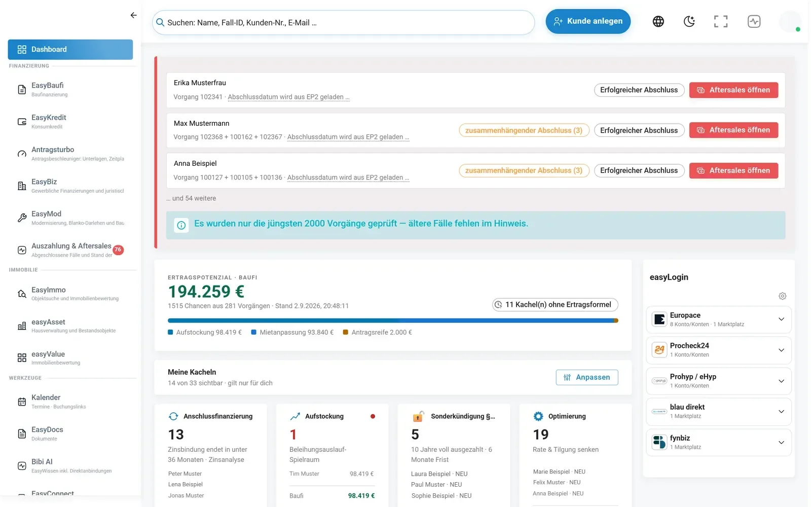 Dashboard & Kachelbrett in der EasyFin-Suite